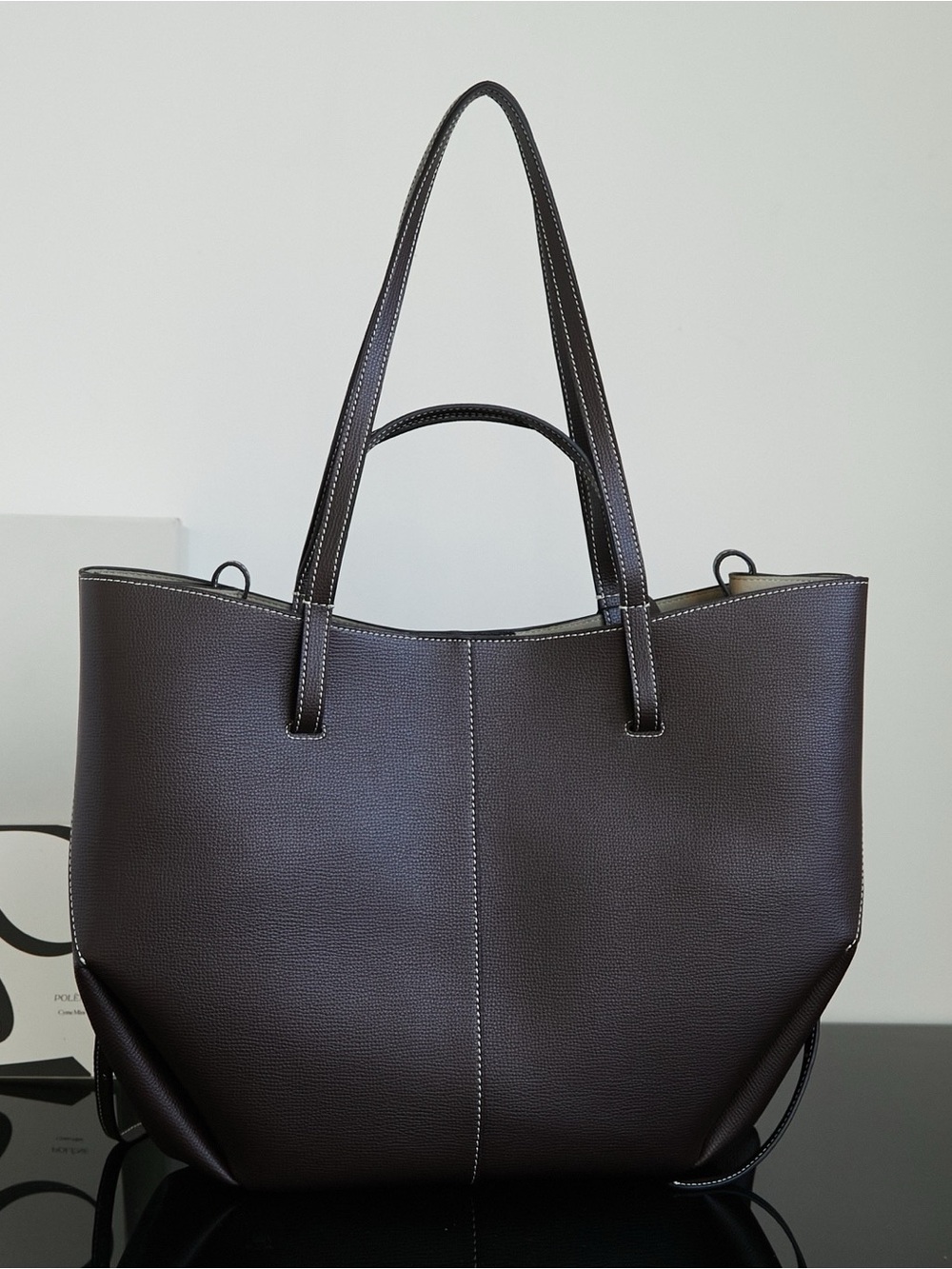 Polène Dark Brown Pebbled Leather Tote with Contrast Stitching